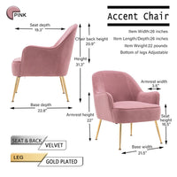 Accent Chair with Arms Upholstered Velvet Side Chairs for Living Room Bedrooms Comfy Decortive Modern Mid-Back Leisure Chair with Adjustable Footpad(Pink)