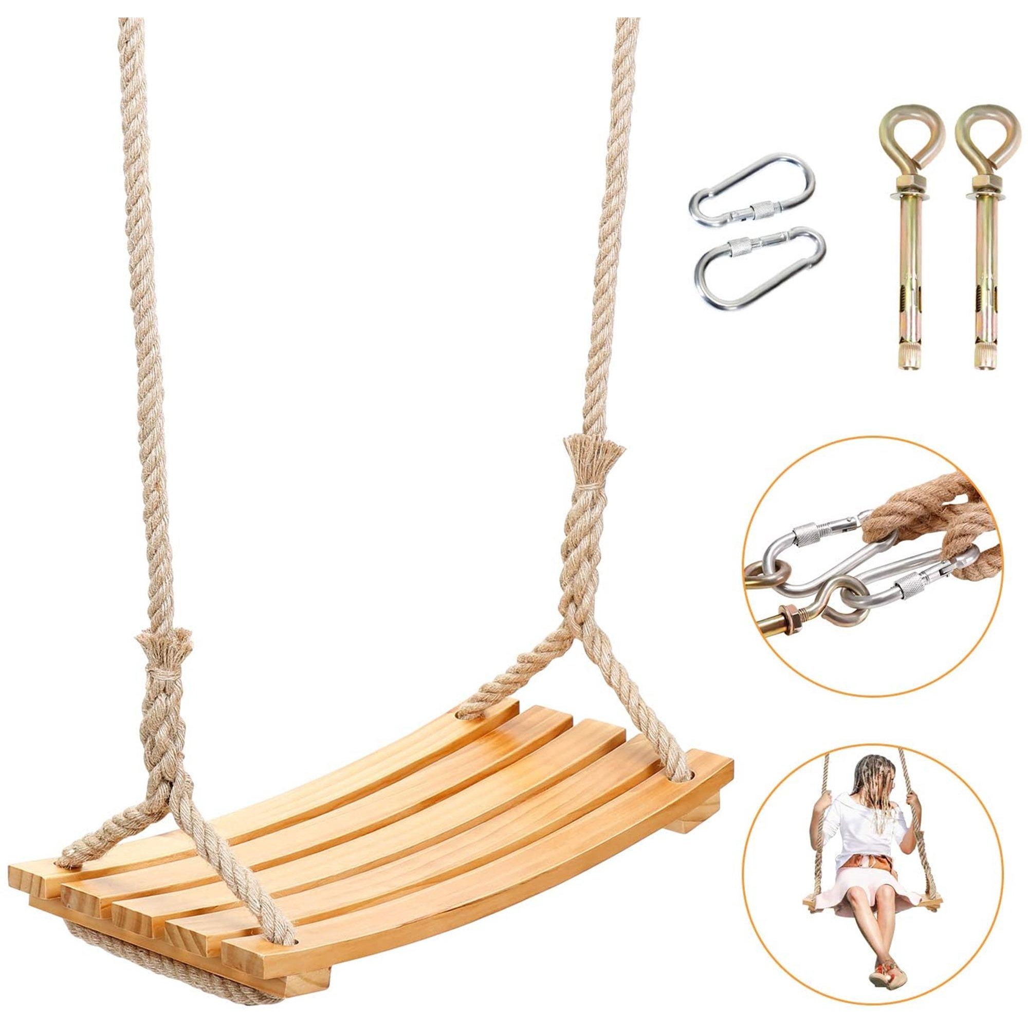 Wooden Swing, Tree Swing Set for Kids Teens Adults with Adjustable Rope and 2 Steel Carabiner Hooks, Swing Sets for Backyard Patio Porch Outdoor Indoor, 300lbs Load-Bearing, Best Gift for Boys Girls