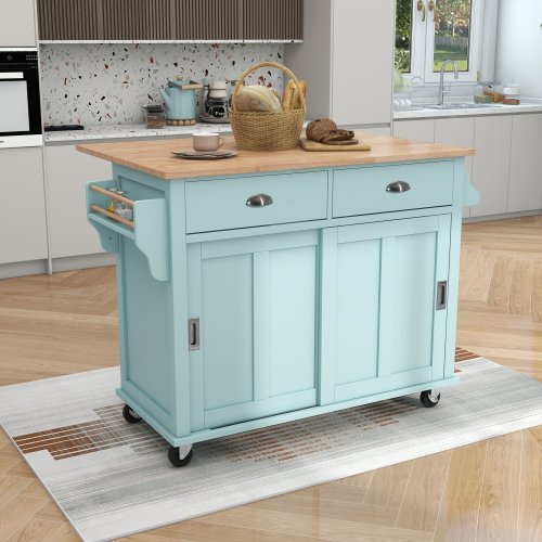 Kitchen Cart with Rubber wood Drop-Leaf Countertop, Concealed Sliding Barn Door Adjustable Height,Kitchen Island on 4 Wheels with Storage Cabinet and 2 Drawers,Mint Green