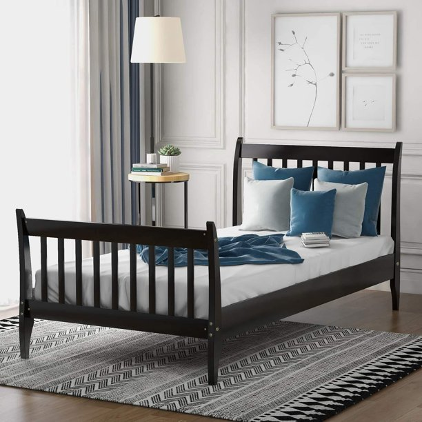 Wood Twin Bed Frame with Headboard and Footboard, Platform Bed Frame Mattress Foundation with Wood Slat Support for Kids, Teens, Twin (Black)