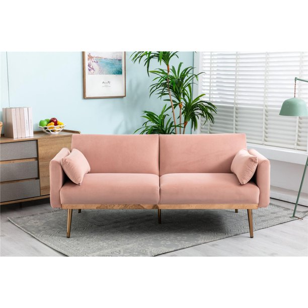 Velvet Futon Sofa, Accent Sofa, Sleeper Sofa Loveseat with 2 Pillows, Modern Upholstered Convertible Couch for Living Room Bedroom with 5 Metal Legs, Small Apartment Furniture, Light Pink