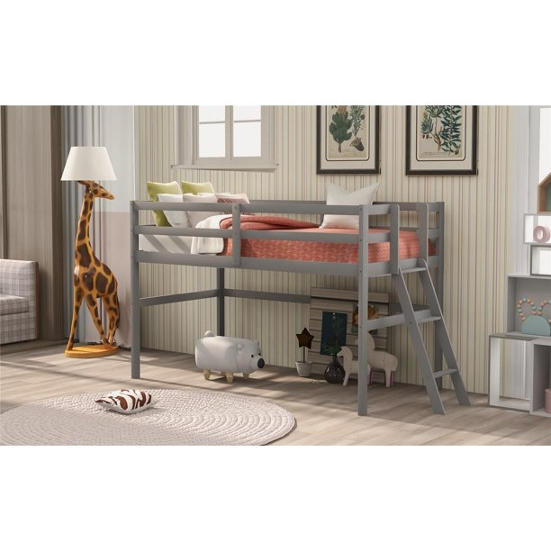 Twin Size Low Loft Bed with Ladder, Wooden Low Loft Bed Frame with Full-Length Guardrails for Kids Teens, Strong Wood Slats, No Spring Box Needed, Easy Assembly, Gray