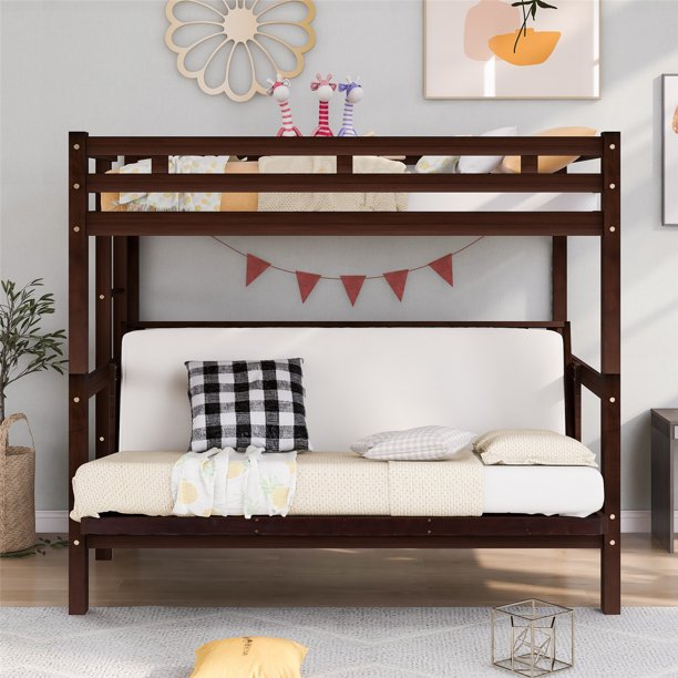 Twin over Twin/Full Bunk Bed with Convertible Down Bed, Convertible Twin Over Futon Bed with Guard Rail and Ladder, Space Saving Design, Espresso