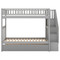 Modern Twin Over Twin Wood Bunk Bed with Trundle and Storage, Solid Hardwood Twin Bunk Bed Frame with Ladder and Stairs for Kids Adults, Saving Space, Gray