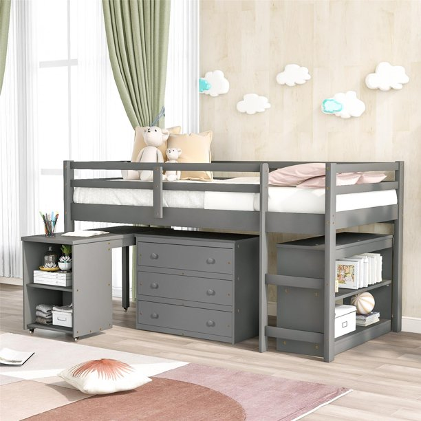 Twin Loft Bed with Rolling Portable Desk and Cabinet, Pinewood Low Study Loft Bed with 3 Drawers, 4 Storage Shelves, Ladder and Full-Length Guardrails for Kids Teens, No Box Spring Needed, Gray