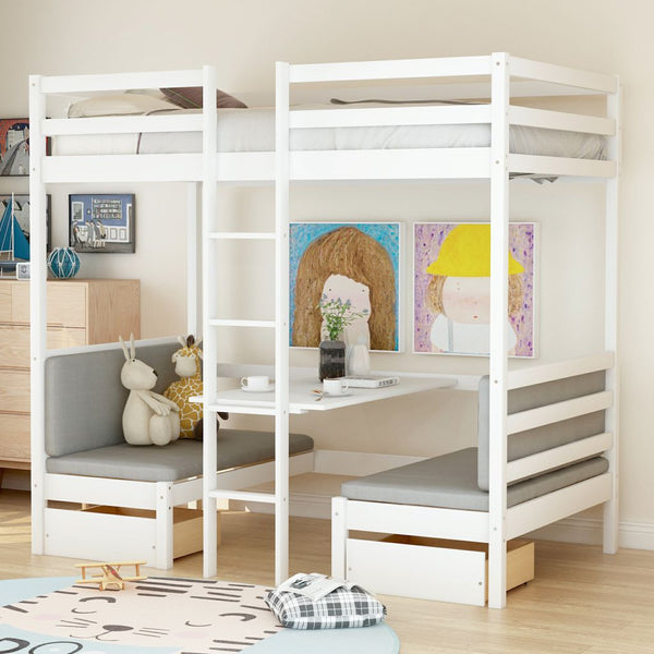 Functional Wood Twin over Twin Bunk Bed, Convertible Dorm Loft Bed with Desk and Two Storage Drawers,for Kids,Teens,No Box Spring Needed,White