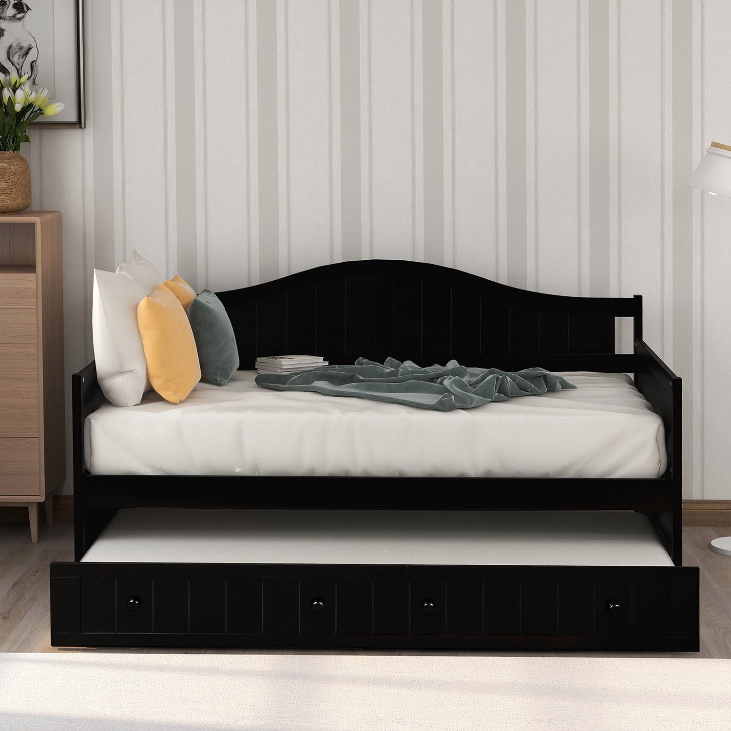 Twin Size Daybed With Trundle Bed, Sofa Bed Couch For Bedroom Living Room, No Box Spring Needed, Espresso 78.2"l X 42.3"w X 35.4"h