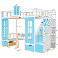 Twin Over Twin Bunk Bed, Wood Bunk Bed with Changeable Table and 2 Drawers for Kids Teens Boys Girls, Space Saving Bunk Bed Turn into Upper Bed and Down Desk with 4 Storage Stairs and Shelf, Blue