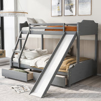 Twin Over Full Upholstered Bunk Bed with Slide and 2 Drawers, Solid Wood Bunk Bed Frame with Convertible Slide and Ladder, Headboard and Footboard, Bedroom Bedframe, No Spring Box Required, Gray