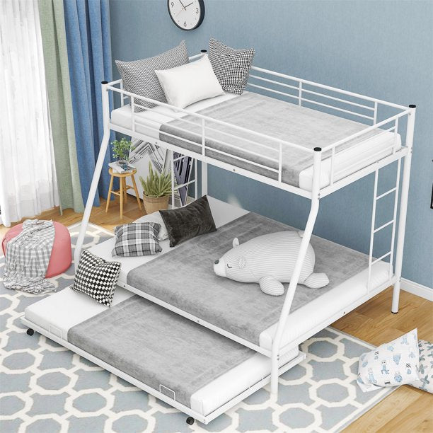 Twin Over Full Bunk Bed with Twin Size Trundle, Metal Bunk Bed Frame with 2 Built-in Ladder and Safety Guardrail for Kids Teens, White