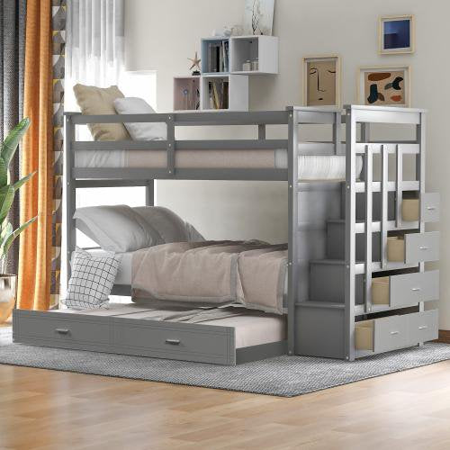 Twin over Twin Bunk Bed Frame with Trundle and Storage Drawers, Wood Bunk Bed with Stairs and Guardrail for Kids, Boys and Girls, No Spring Box Needed, Gray