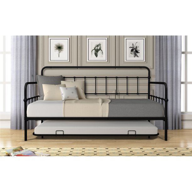 Twin Size Daybed with Pull Out Trundle, Heavy Duty Metal Sofa Bed for Kids Teens Adults, Premium Steel Slat Support, No Spring Box Needed, Black 77.48"L x 41.1"W x 43.3"H