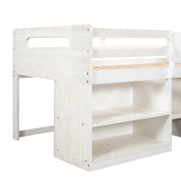 Twin Size Loft Bed, Low Loft Bed with Two Shelves and Two Drawers for Kids Teens Boys Girls, Multifunctional Wood Loft Bed Frame with Storage, Space Saving, No Box Spring Needed, Antique White