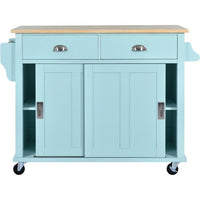 Kitchen Cart with Rubber wood Drop-Leaf Countertop, Concealed Sliding Barn Door Adjustable Height,Kitchen Island on 4 Wheels with Storage Cabinet and 2 Drawers,Mint Green