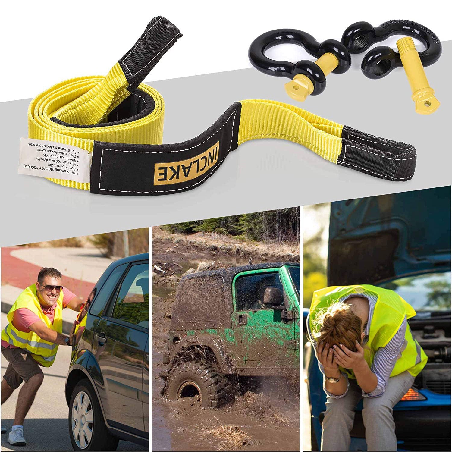 STANLEY ‎S1053 Black/Yellow 2 x 30' Tow Strap with Tri-Hook (9,000 lb  Break Strength) for Disabled Recreational Vehicles