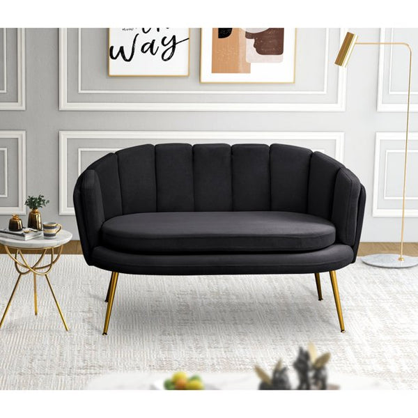 Velvet Loveseat, Velvet Loveseat Sofa Accent Couch Settee Comfy Upholstered Chair with Flower Shaped Back and Gold Metal Legs, Modern 2-Seater Sofa for Small Spaces, Living Room, Black