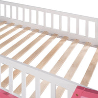 Twin Size Loft Bed with Underbed Storage Space, Boat Shaped Kids Loft Bed with Safety Guardrails and Ladders, Wood Low Loft Bed for Kids Boys Girls, Pink