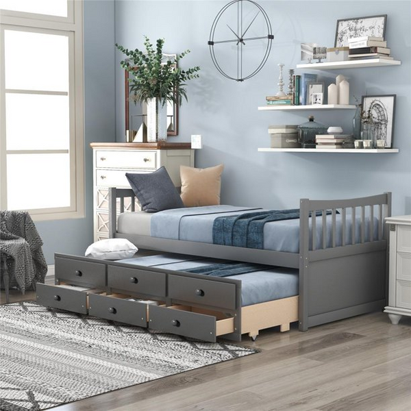 Twin Size Daybed with Trundle and 3 Drawers for Kids Adults, Storage Bed with Headboard and Footboard, Pull-Out Platform Bed with Casters, No Box Spring Needed, Gray 79.6x42.3x35.4 inch