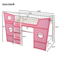 Twin Size Loft Bed with Underbed Storage Space, Boat Shaped Kids Loft Bed with Safety Guardrails and Ladders, Wood Low Loft Bed for Kids Boys Girls, Pink