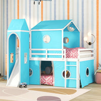 Playhouse Loft Bed,Full Size House Bunk Bed with Slide,Blue Tent and Tower,Solid Wood Bunk Bed Frame with Roof Design and Fence Shaped Guardrails,Castle-Shaped Bunk Bed for Kids Boys Girls,Blue