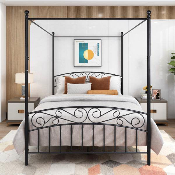 JINS&VICO Queen Size 4-Post Metal Canopy Bed Frame Vintage style Black 83.46" x 59.84" x 75.6"