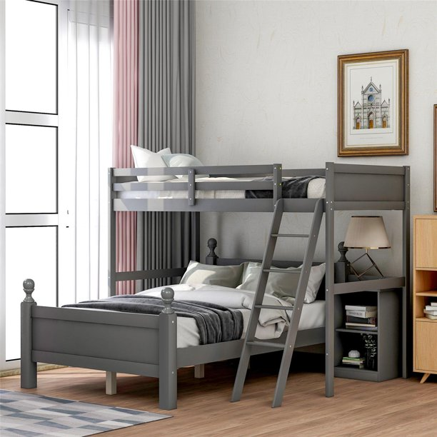 Twin over Full Loft Bed with Cabinet, Solid Wood Bunk Bed Frame with Guardrails and Ladders for Kids and Teens, No Box Spring Needed, Easy Assembly, Gray