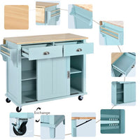 Kitchen Cart with Rubber wood Drop-Leaf Countertop, Concealed Sliding Barn Door Adjustable Height,Kitchen Island on 4 Wheels with Storage Cabinet and 2 Drawers,Mint Green