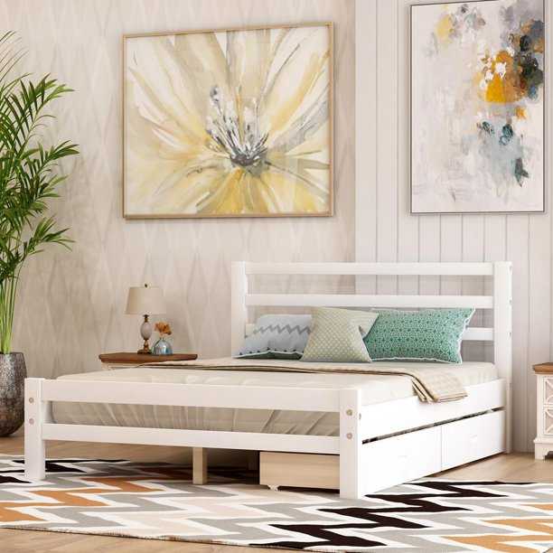 Wood Platform Bed with Two Drawers, Solid Wood Bed Frame with Headboard and Footboard, Full (white)