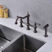 8 inch Centerset Bridge Kitchen Faucet with Brass Side Sprayer, 2 Handles 4 Holes Antique Classic Heritage Deck-Mount Kitchen Sink Faucet, 360° Rotating Faucet, for Kitchen, Bronze