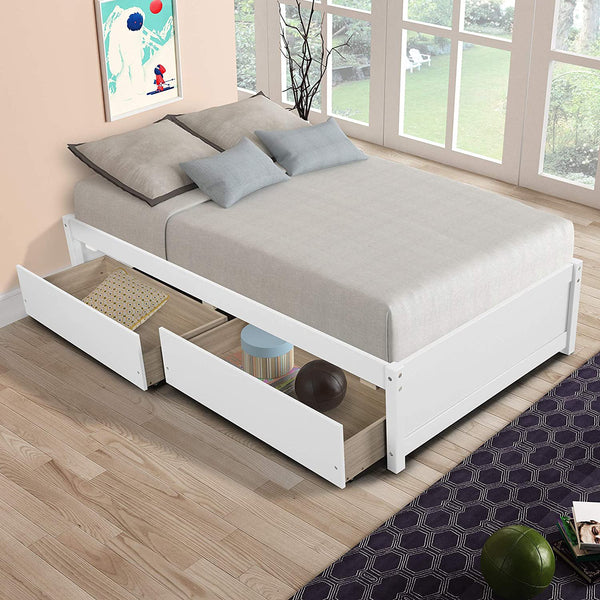 Twin Bed Frame with 2 Storage Drawers, Platform Bed Frame for Kids Teens and Adults, Wood Slat Support No Box Spring Needed, Captains Bed for Bedroom Guest Rooms Child’s Room (White)