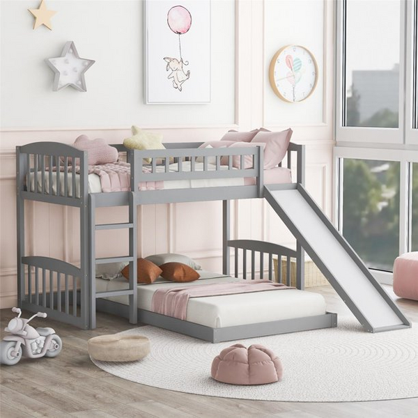 Twin Over Twin Bunk Bed with Slide and Ladder, Guard Rail, Solid Wood Floor Bunk Bed for Kids, Toddlers, Space Saving Loft Bed, No Box Spring Needed, Gray 77.4''L x 88.9''W x 49.2''H