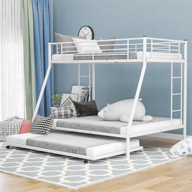 Twin over Full Bed with Sturdy Steel Frame, Bunk Bed with Twin Size Trundle, Two-Side Ladders, White(New)