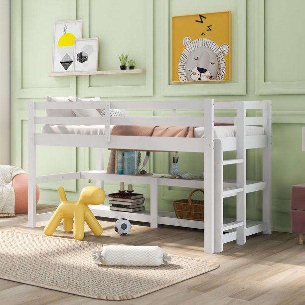 Wood Twin Loft Bed with Storage Shelves, Low Loft Bed Frame for Kids Boys Girls with Full-Length Guard Rail and Ladder, No Box Spring Needed, Easy Assembly, White 79.53''L x 40.35''W x48.43''H