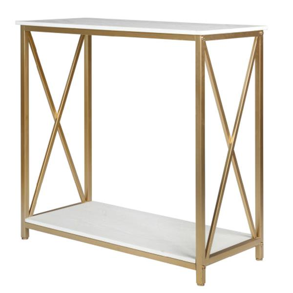 2-Tier Console Table White , Gold Sofa Entry Table with Faux Marble Top and Gold Metal Frame for Home