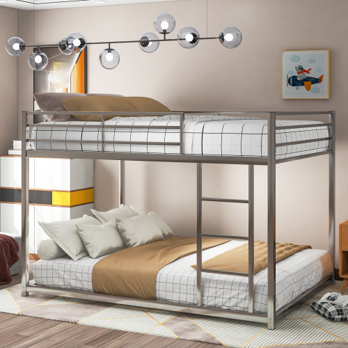 Kids Low Bunk Bed, Modern Metal Bunk Bed Full Over Full, Heavy Duty Bunk Bed Frame with Safety Guardrails and Ladder for Teens Boys Girls Adults, No Box Spring Needed, Silver