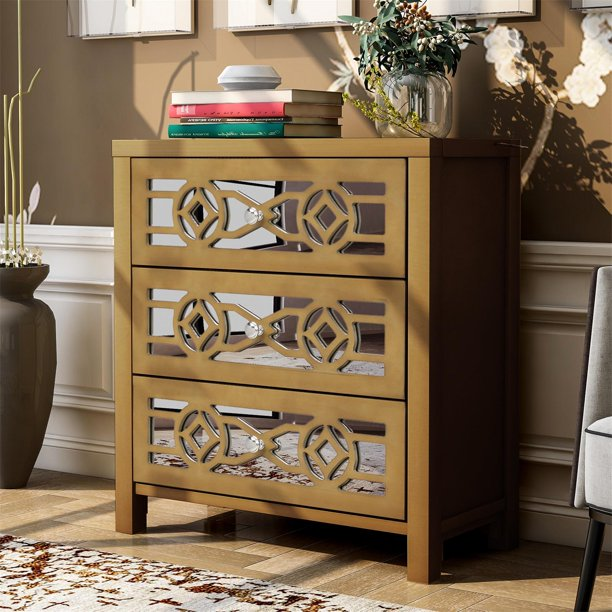 Wood Storage Chests, Accent Cabinet with 3 Drawers and Decorative Mirror, Nightstand Chest with Wide Storage Space for Living Room Entryway, Full Assembled, Gold