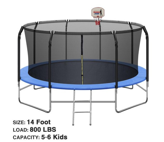 14FT Trampoline with Basketball Hoop&Safety Enclosure Net, 800LBS Capacity for 5-6 Kids, Waterproof Mat and Ladder, Outdoor Backyard Trampolinefor Kids Teens Adults