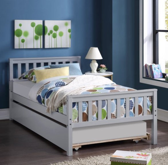 Twin Platform Bed with Trundle, Sweden Solid Pine Wood Twin Platform Bed Frame, Pull-out Combination Bed with Casters, Bedroom Twin Bed with Headboard for Kids Adults, Gray 79.5''L*42''W*33.5''H