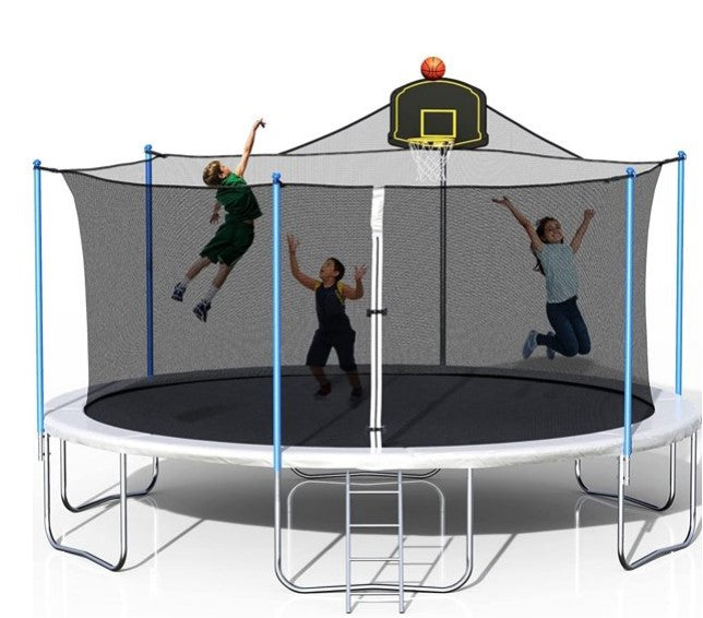 1800LBS 16FT Tranpolina for Adults Capacity for 8-10 Kids, Tranpolina with 4 Stake Anchors, Basketball Hoop and Ball, Safety Enclosure Net, Spring Cover Padding and Ladder