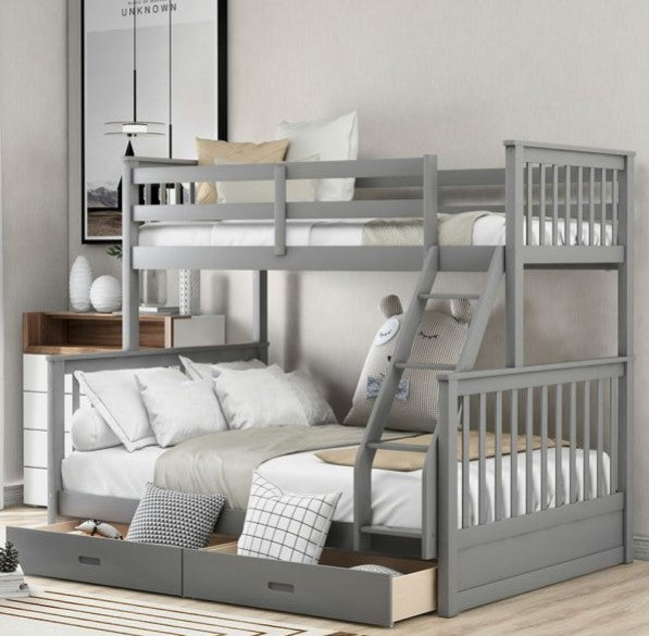 Twin-Over-Full Bunk Bed with Ladders and Full-length Guardrail,Solid Wood Bunk Bed Frame with 2 Storage Drawers for Kids, Girls, Boys, Toddler, Gray