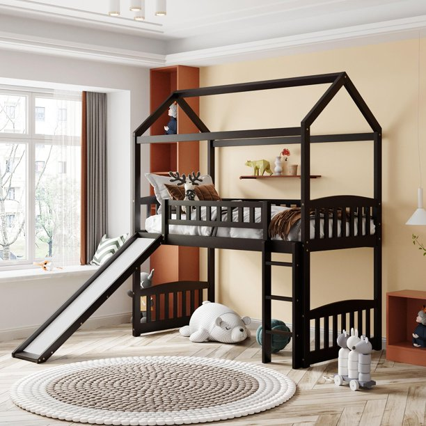 Twin Loft Bed with Slide and Ladder, Wood House Bed with Roof and Guardrails for for Kids Girls/Boys, Espresso 77.4''L x 42.5''W x84.4''H