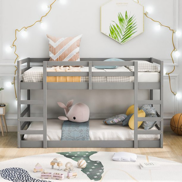 Triple Tree Floor Bunk Bed with 2 Ladders, Twin over Twin Wood Low Bunk Bed Frame for Kids Teens Boys Girls Dormitory Bedroo, No Box Spring Needed, Gray