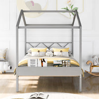 Full Size House Bed with Footboard Storage Space and Roof for Kids Girls Boys, Wooden House Bed Can be Decorated, No Box Spring Needed, Gray