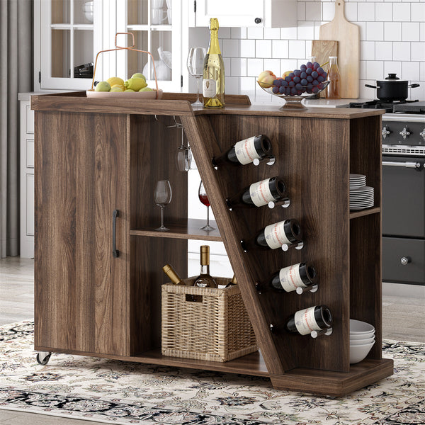 Kitchen Island Cart on Wheels, Buffet Cabinet Sideboard with Adjustable Shelf & 5 Bar Wine Holders, Z-shaped Storage Cart with 5 Swivel Wheels for Dining Room Kitchen, Brown