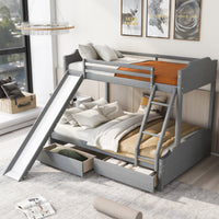 Twin Over Full Upholstered Bunk Bed with Slide and 2 Drawers, Solid Wood Bunk Bed Frame with Convertible Slide and Ladder, Headboard and Footboard, Bedroom Bedframe, No Spring Box Required, Gray