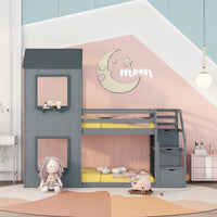 Twin Over Twin House Bunk Bed with Storage Stairs, Solid Wood Bunk Bed Frame with Roof, Window, Guardrail, Ladder, for Kids Girls Boys, Gray