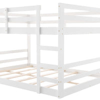 Triple Tree Floor Bunk Bed with 2 Ladders, Twin over Twin Wood Low Bunk Bed Frame for Kids Teens Boys Girls Dormitory Bedroo, No Box Spring Needed, White