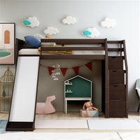 Twin Size Loft Bed with Slide and Ladder with Handrails, Wood Loft Bed with 3 Storage Case and Full Length Guardrail, No Spring Box Needed, Espresso