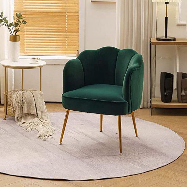 Velvet Shell Shape Chair Accent Armchair with Golden Legs for Living Room Bedroom Home Office, Tufted Back Club Chair (Dark Green)