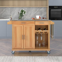 51" Kitchen Cart with Stainless Steel Top and Storage Cabinet, Kitchen Island on Wheels with 2 Drawers & Goblet Holder & Wine Rack & Spice Rack & Towel Holder for Kitchen Dining Room